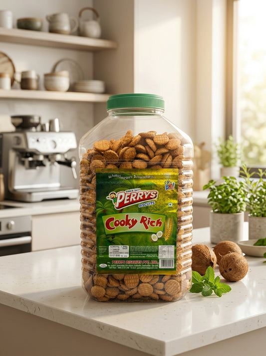 PERRYS COOKY RICH BISCUITS, 4.5KG PLUS 200G OF COCONUT FLAVOURED, SUGAR SPRINKLED BISCUITS PACKED IN A JAR