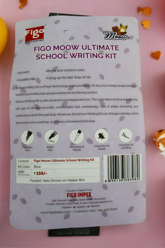 FIGO MOOW ULTIMATE SCHOOL WRITTING KIT WITH TWO FOUNTAIN PEN , A LIQUID PEN, TWO INK CATRIDGES, A MECHANICAL PENCIL AND AN INK ERASER
