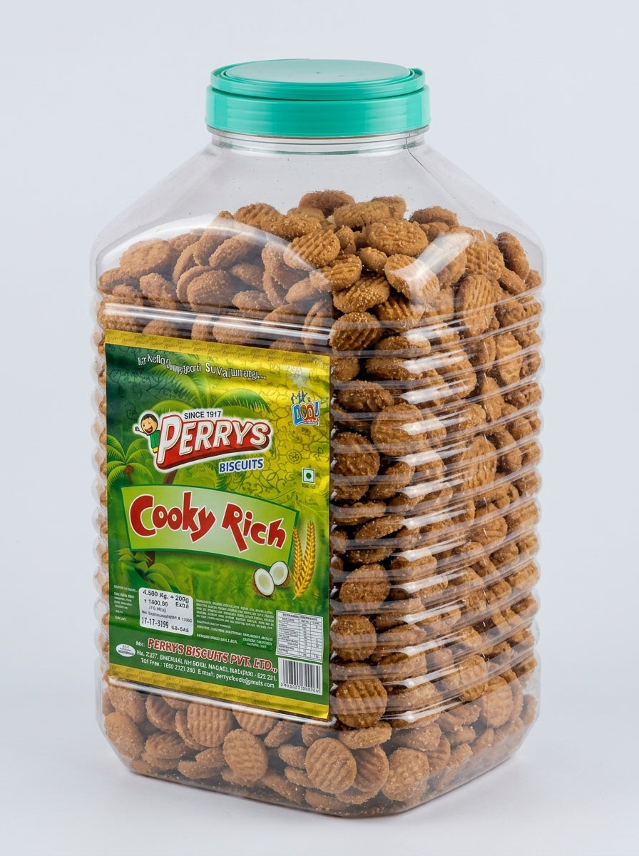 PERRYS COOKY RICH BISCUITS, 4.5KG PLUS 200G  OF COCONUT FLAVOURED, SUGAR SPRINKLED BISCUITS PACKED IN A JAR
