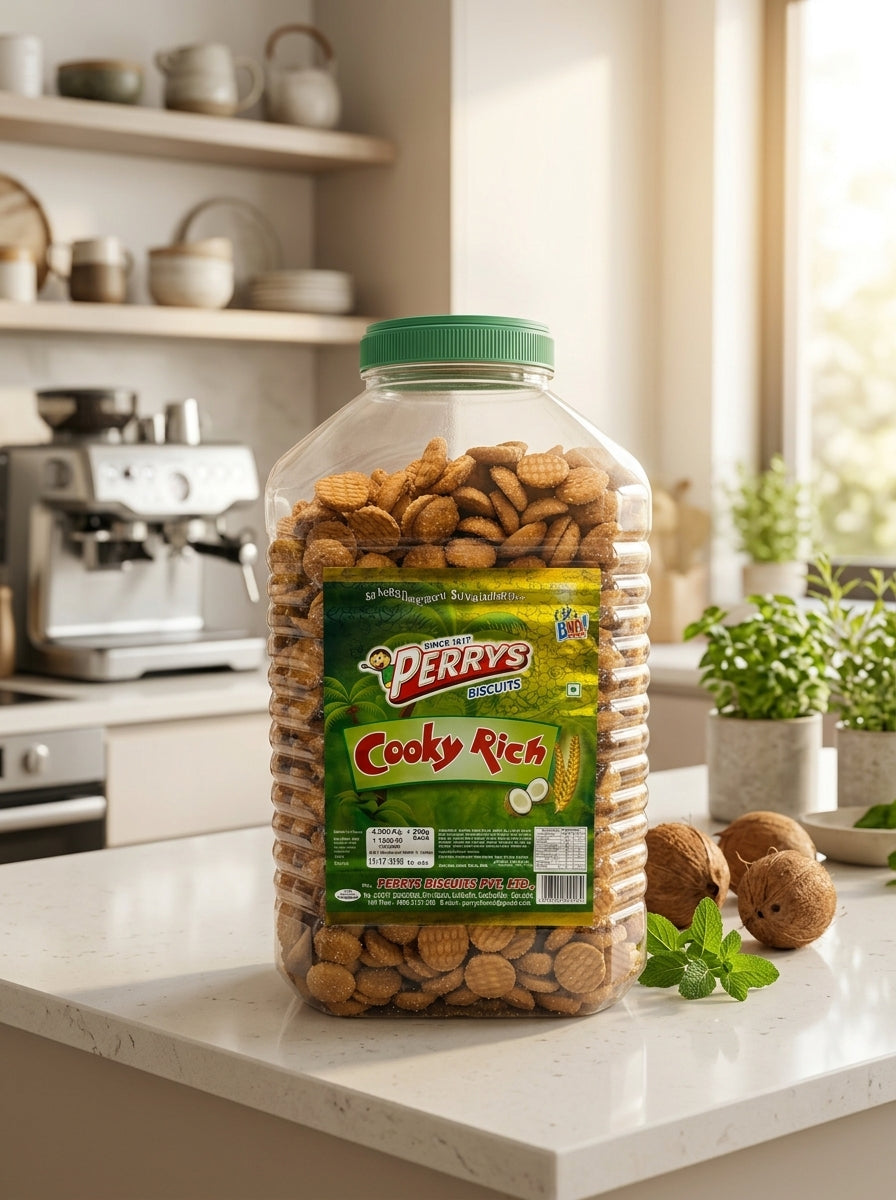 PERRYS COOKY RICH BISCUITS, 4.5KG PLUS 200G  OF COCONUT FLAVOURED, SUGAR SPRINKLED BISCUITS PACKED IN A JAR
