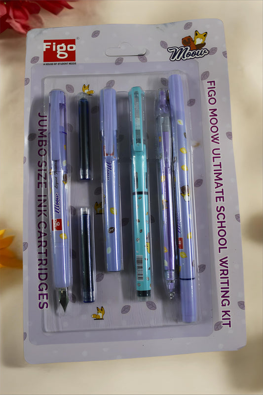 FIGO MOOW ULTIMATE SCHOOL WRITTING KIT WITH TWO FOUNTAIN PEN , A LIQUID PEN, TWO INK CATRIDGES, A MECHANICAL PENCIL AND AN INK ERASER