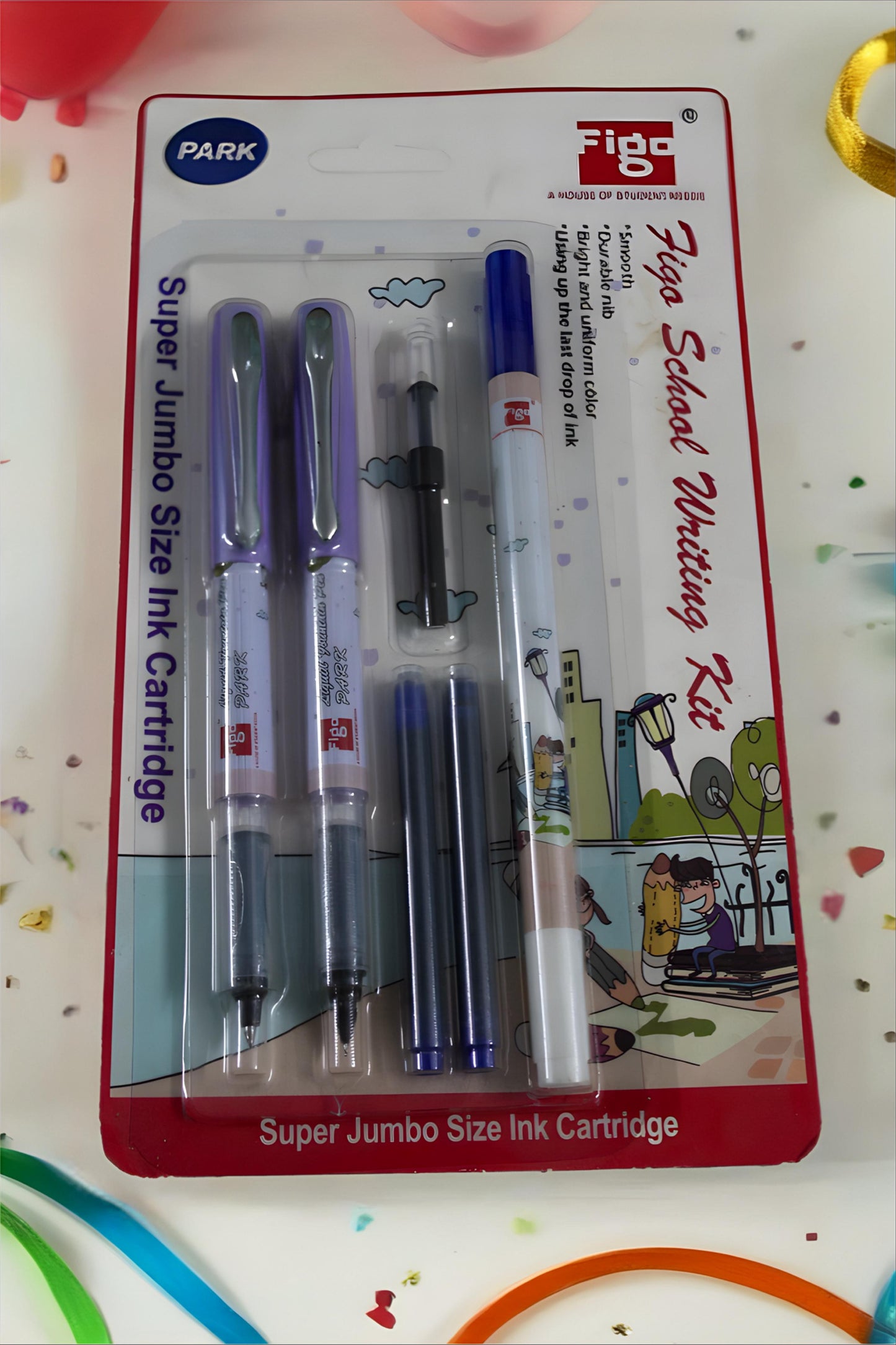 ஃபிகோ ஸ்கூல் பேனா கிட்டில் இரண்டு நீரூற்று பேனா_இரண்டு ஜம்போ பூசணிக்காய்கள்_ஒரு மை சிரிஞ்ச்_மற்றும் ஒரு மை அழிப்பான் உள்ளது.