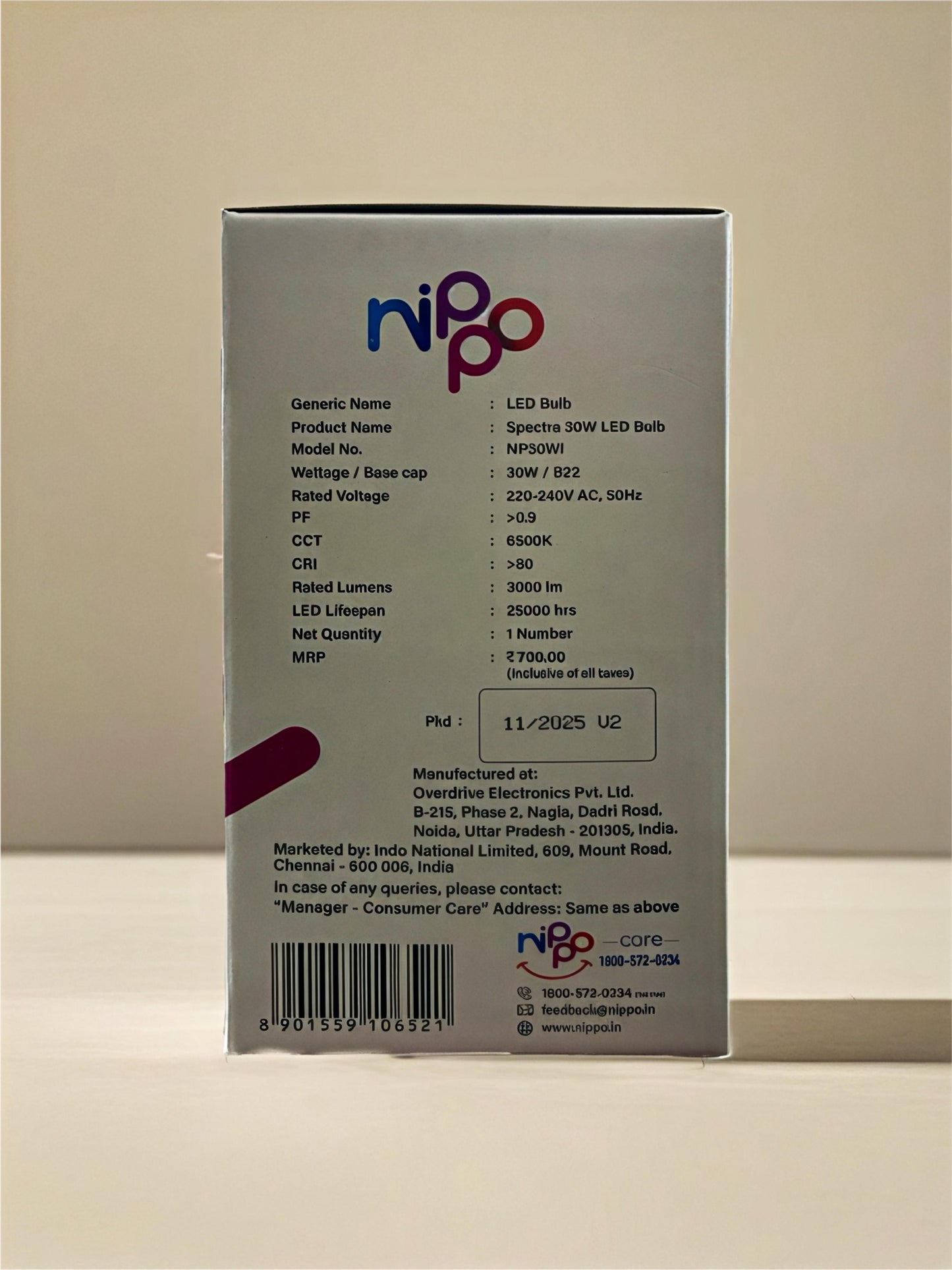 NIPPO LED BULB 30W 30W/B22 220-240V AC, 50HZ 6500K 3000LM 25000HRS CRI>80 CCT>0.9