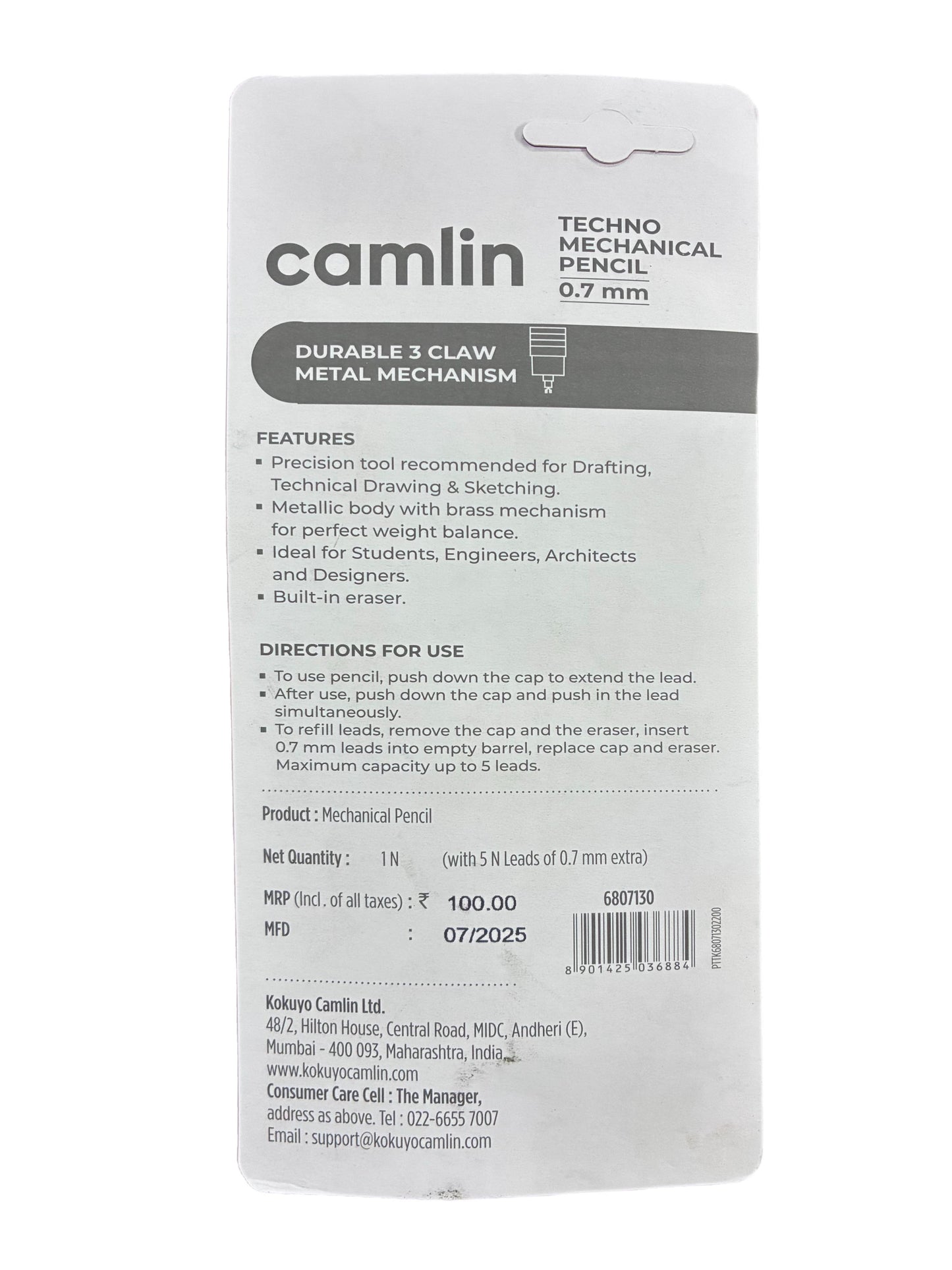 CAMLIN TECHNO MECHANICAL PENCIL 0.7MM PACK OF 2