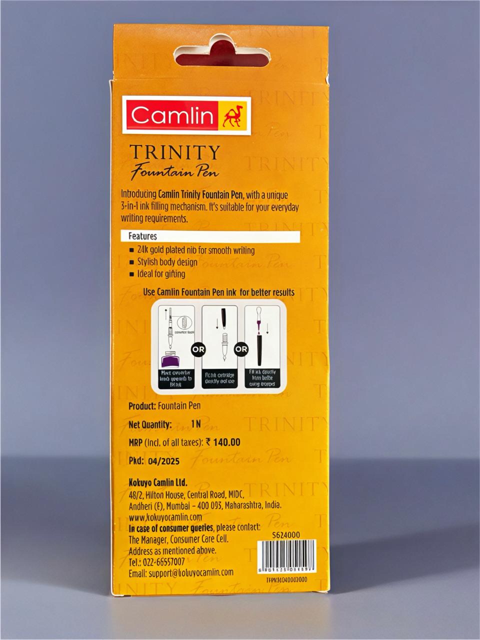 CAMLIN TRINITY FOUNTAIN PEN WITH 3 IN 1 INK FILLING MECHANISM, 24K GOLG PLATED NIB FOR SMOOTH WRITTING,IDEAL FOR GIFTING